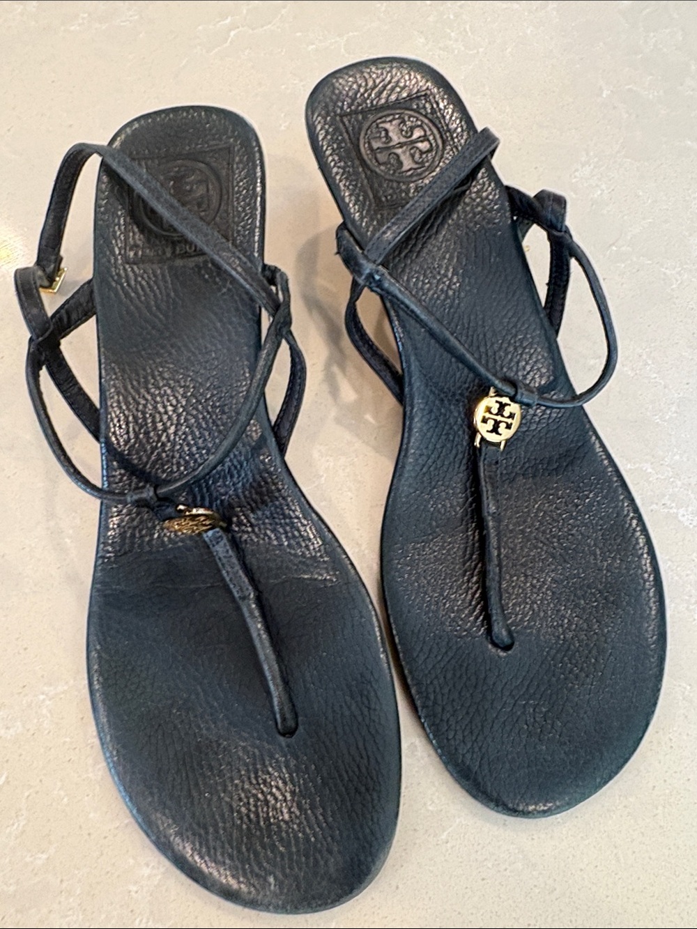 Tory Burch Black Leather Strappy Thong Wedge Sandals with Gold Logo